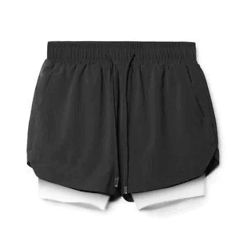 Men's black 2 in 1 fitness gym shorts with breathable mesh inner tights and towel loop for workout performance.