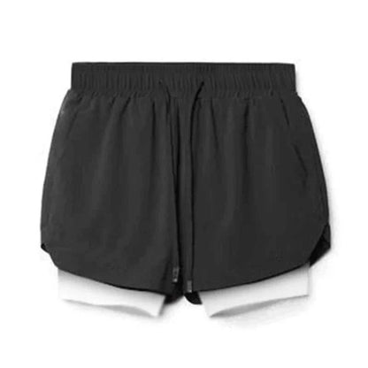 Men's black 2 in 1 fitness gym shorts with breathable mesh inner tights and towel loop for workout performance.