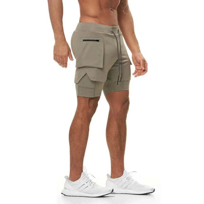 Men wearing khaki 2 in 1 running training joggers with phone pocket and white sneakers