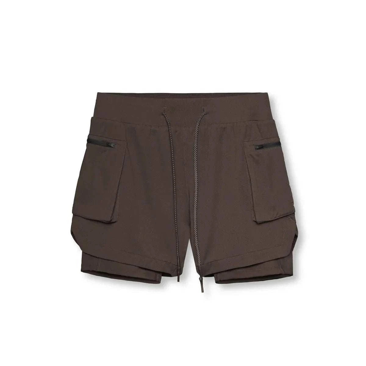 Men 2 in 1 running training joggers gym shorts with phone pockets in dark brown color.