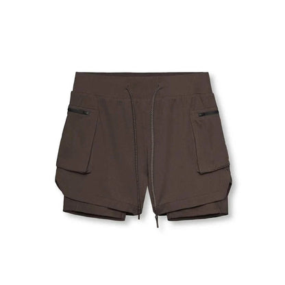 Men's 2 in 1 running training joggers with phone pocket in dark brown, featuring outer joggers and inner shorts design.