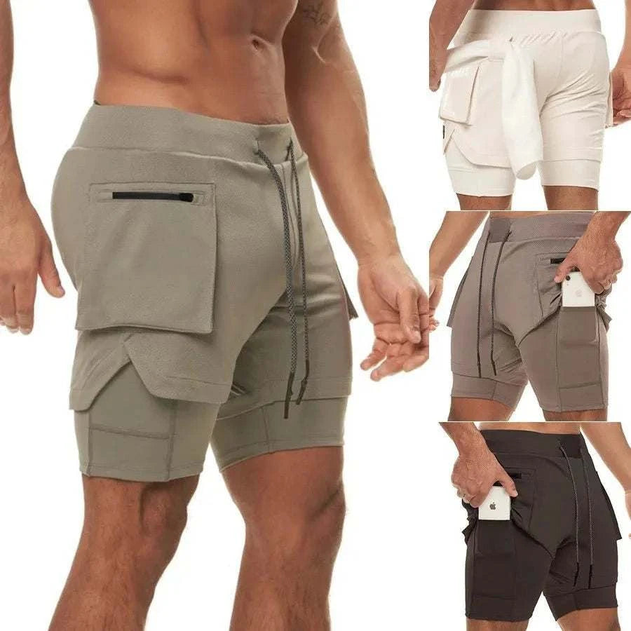 Men 2 in 1 running training joggers with phone pocket in beige, gray, and black colors showing front and back views