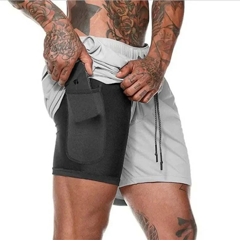 Men's breathable gym shorts lightweight 2-in-1 quick dry athletic shorts with inner compression layer and phone pocket.