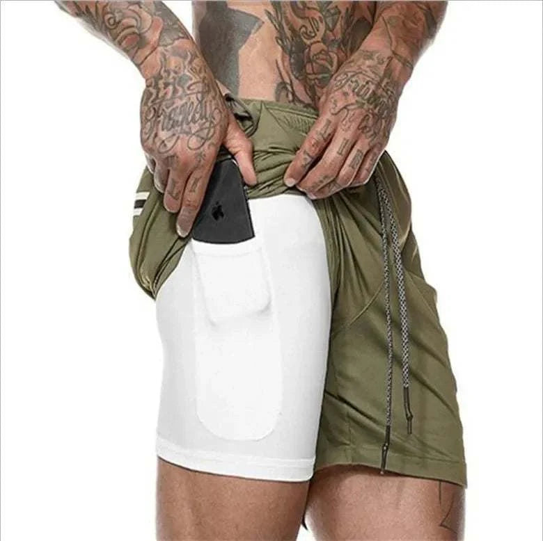 Men's breathable gym shorts with inner compression layer and phone pocket, lightweight quick-dry athletic design with towel loop