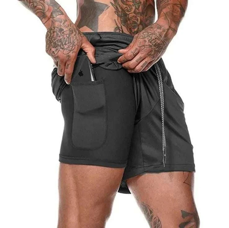 Men's breathable gym shorts in black with 2-in-1 lightweight design and quick-dry fabric, featuring a towel loop and side pocket.