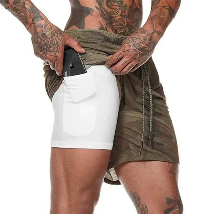 Men's breathable gym shorts 2-in-1 lightweight quick-dry athletic shorts with inner pocket for phone.
