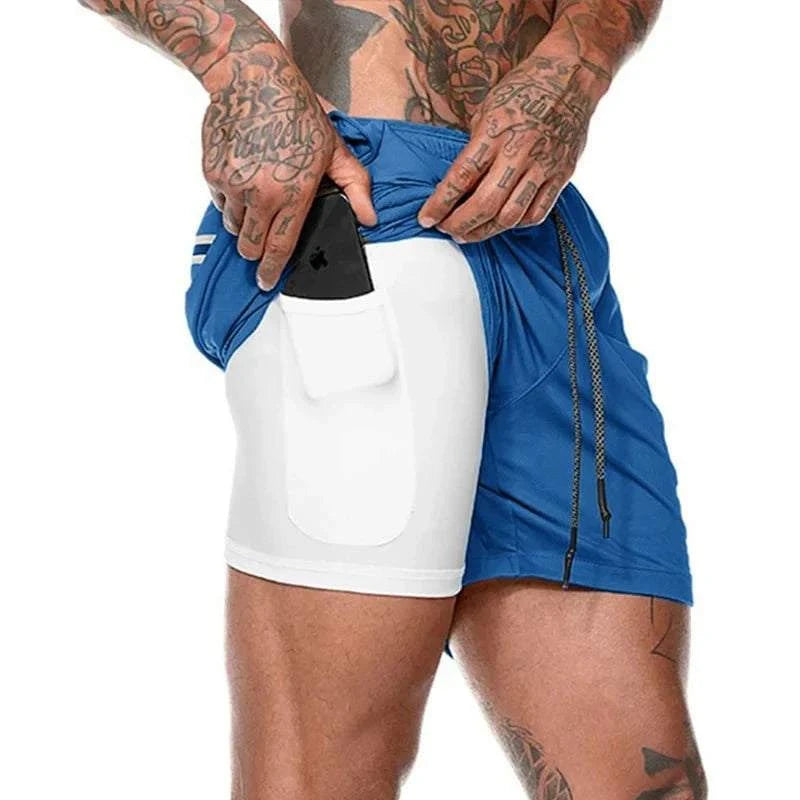 Men's breathable gym shorts 2 in 1 design with lightweight quick dry fabric and inner pocket for phone.