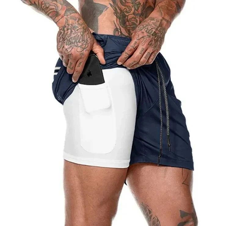 Men's breathable gym shorts with built-in quick-dry inner lining and phone pocket.