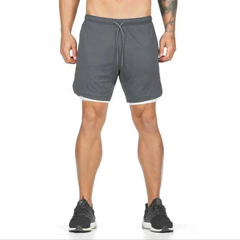 Men's breathable gym shorts in grey, lightweight 2-in-1 quick dry athletic design with towel loop