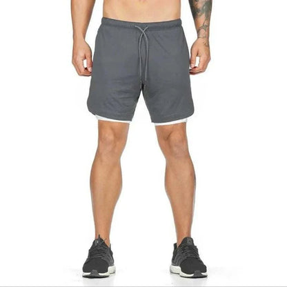 Men's breathable gym shorts in grey, lightweight 2-in-1 quick dry athletic design with towel loop