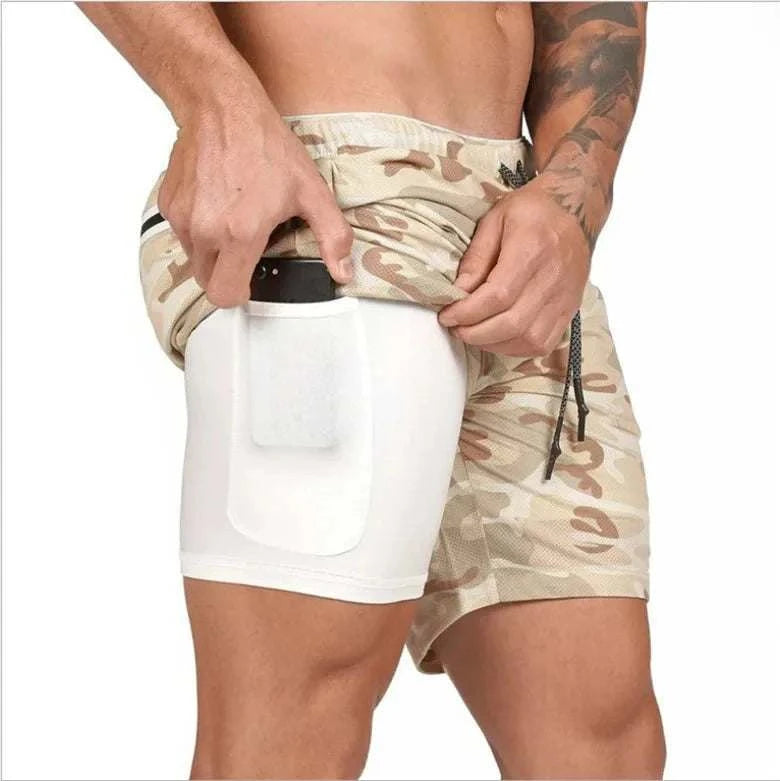 Men's breathable gym shorts with inner compression layer and outer camouflage quick-dry fabric showing phone pocket feature