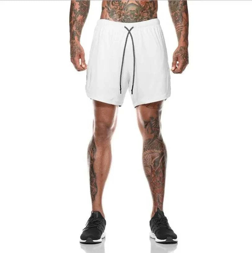 Men's breathable gym shorts in white, lightweight quick-dry athletic style with a black drawstring and towel loop.
