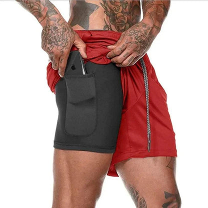 Men's breathable gym shorts 2-in-1 lightweight quick-dry athletic shorts with inner pocket and towel loop in red and black