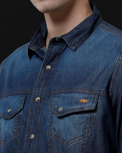 Men's Denim Casual Shirt - Slim Fit Solid with Full Sleeves by Temple Of Denim - Allen - Fitness