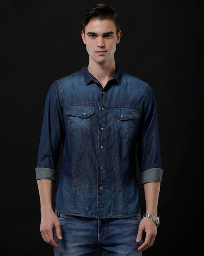 Men's Denim Casual Shirt - Slim Fit Solid with Full Sleeves by Temple Of Denim - Allen - Fitness