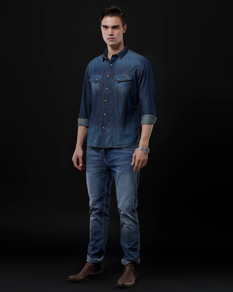 Men's Denim Casual Shirt - Slim Fit Solid with Full Sleeves by Temple Of Denim - Allen - Fitness