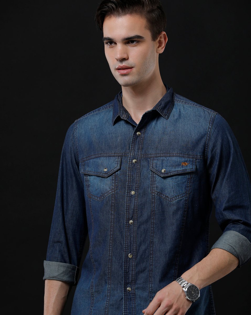 Men's Denim Casual Shirt - Slim Fit Solid with Full Sleeves by Temple Of Denim - Allen - Fitness
