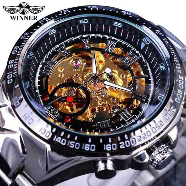 Men's Skeleton Wrist Watch Automatic Mechanical Display Retro Style Winner 432 Black Alloy - Allen - Fitness
