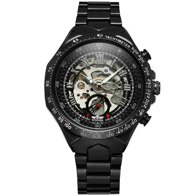 Men's Skeleton Wrist Watch Automatic Mechanical Display Retro Style Winner 432 Black Alloy - Allen - Fitness