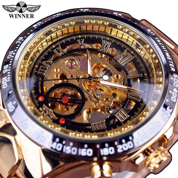 Men's Skeleton Wrist Watch Automatic Mechanical Display Retro Style Winner 432 Black Alloy - Allen - Fitness