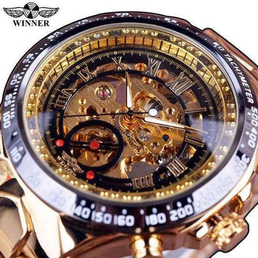 Men's Skeleton Wrist Watch Automatic Mechanical Display Retro Style Winner 432 Black Alloy - Allen - Fitness