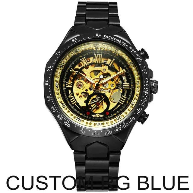 Men's Skeleton Wrist Watch Automatic Mechanical Display Retro Style Winner 432 Black Alloy - Allen - Fitness