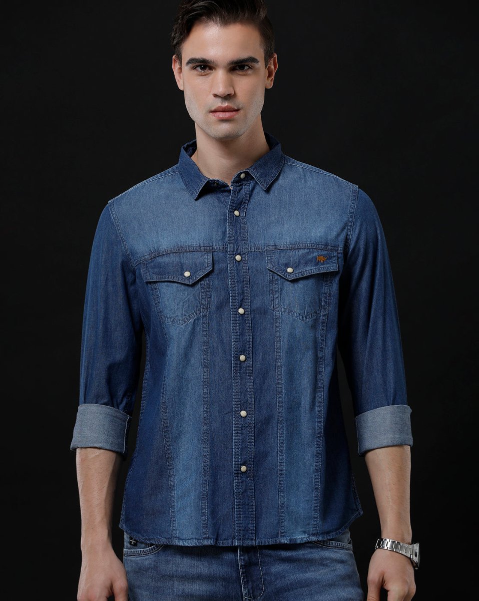 Men's Slim Fit Solid Denim Casual Shirt (ACHAN) - Allen - Fitness
