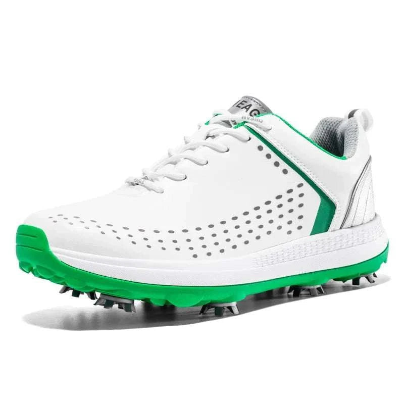 White and green microfiber leather golf shoe for men with non-slip sole and rotational shoelace system.