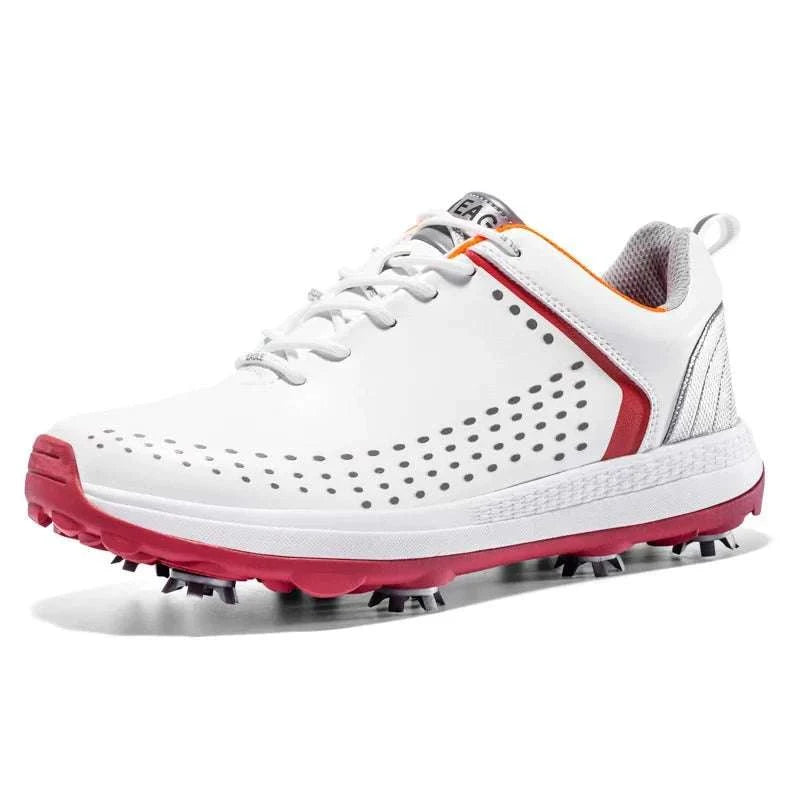 White and red microfiber leather golf shoe for men with non-slip sole and rotation shoelace system