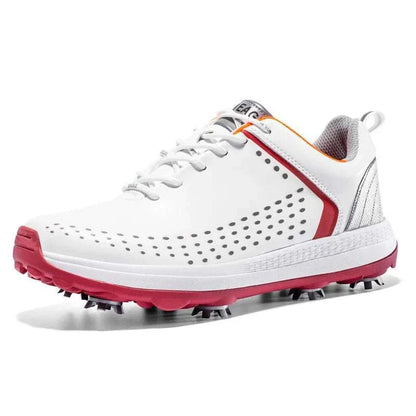 White and red microfiber leather golf shoe for men with non-slip sole and rotation shoelace system