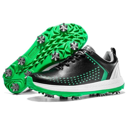 Men's microfiber leather golf shoes in black and green with non-slip cleated sole and rotation shoelace system for customized fit