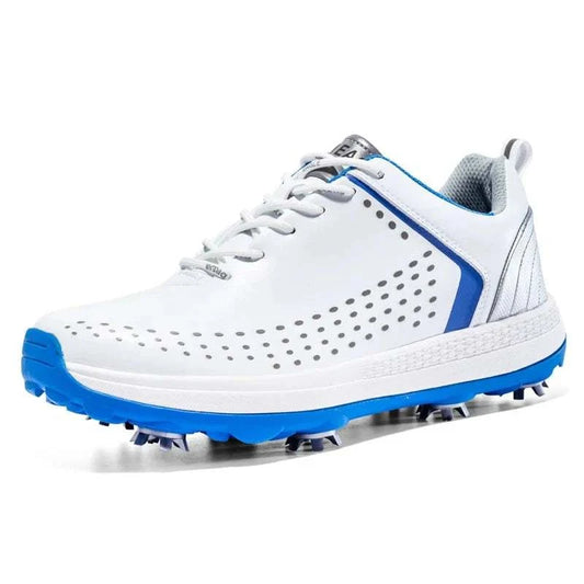 White and blue microfiber leather golf shoe for men with non-slip sole and rotation shoelace system