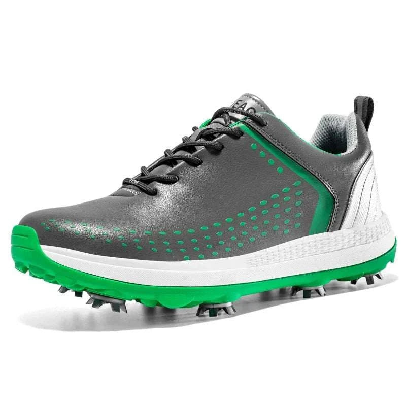 Men's Microfiber Leather Golf Shoe in gray with green accents, non-slip sole, and rotation shoelace system for customized fit.