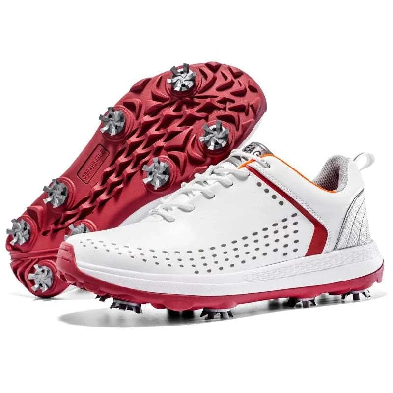White and red microfiber leather golf shoes for men with non-slip spike soles and rotation shoelace system