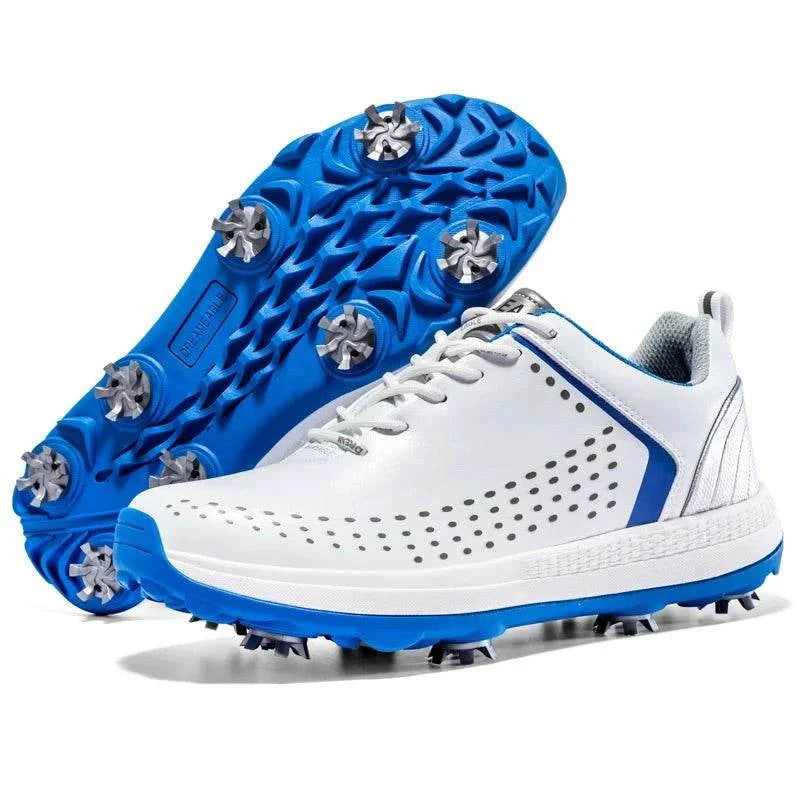 White and blue microfiber leather golf shoes for men with non-slip spikes and rotation shoelace system for customized fit and traction