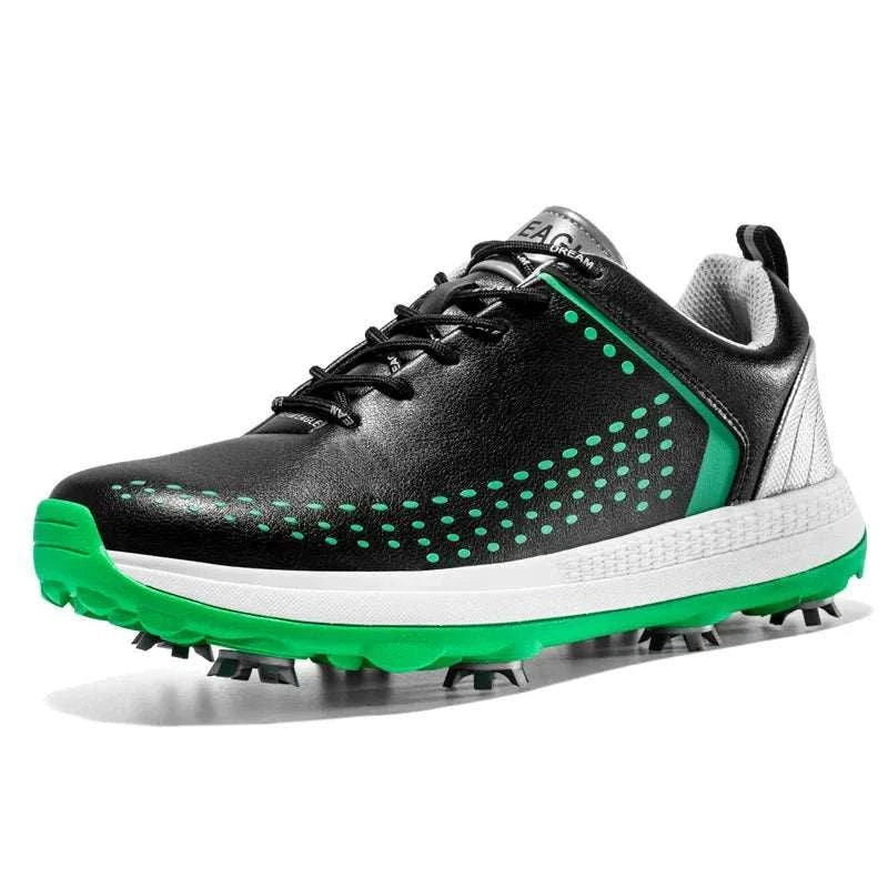 Black and green microfiber leather golf shoe with non-slip sole and rotation shoelace system for men