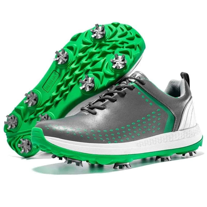Men's microfiber leather golf shoes with non-slip green spiked sole and rotation shoelace system for custom fit and traction