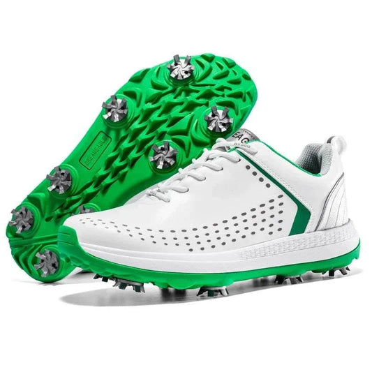 White and green microfiber leather golf shoes for men with non-slip sole and rotation shoelace system