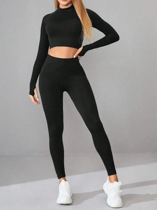 Mock Neck Active Set - Long Sleeve Top and Leggings for Yoga and Running, Highly Stretchy Design - Allen - Fitness