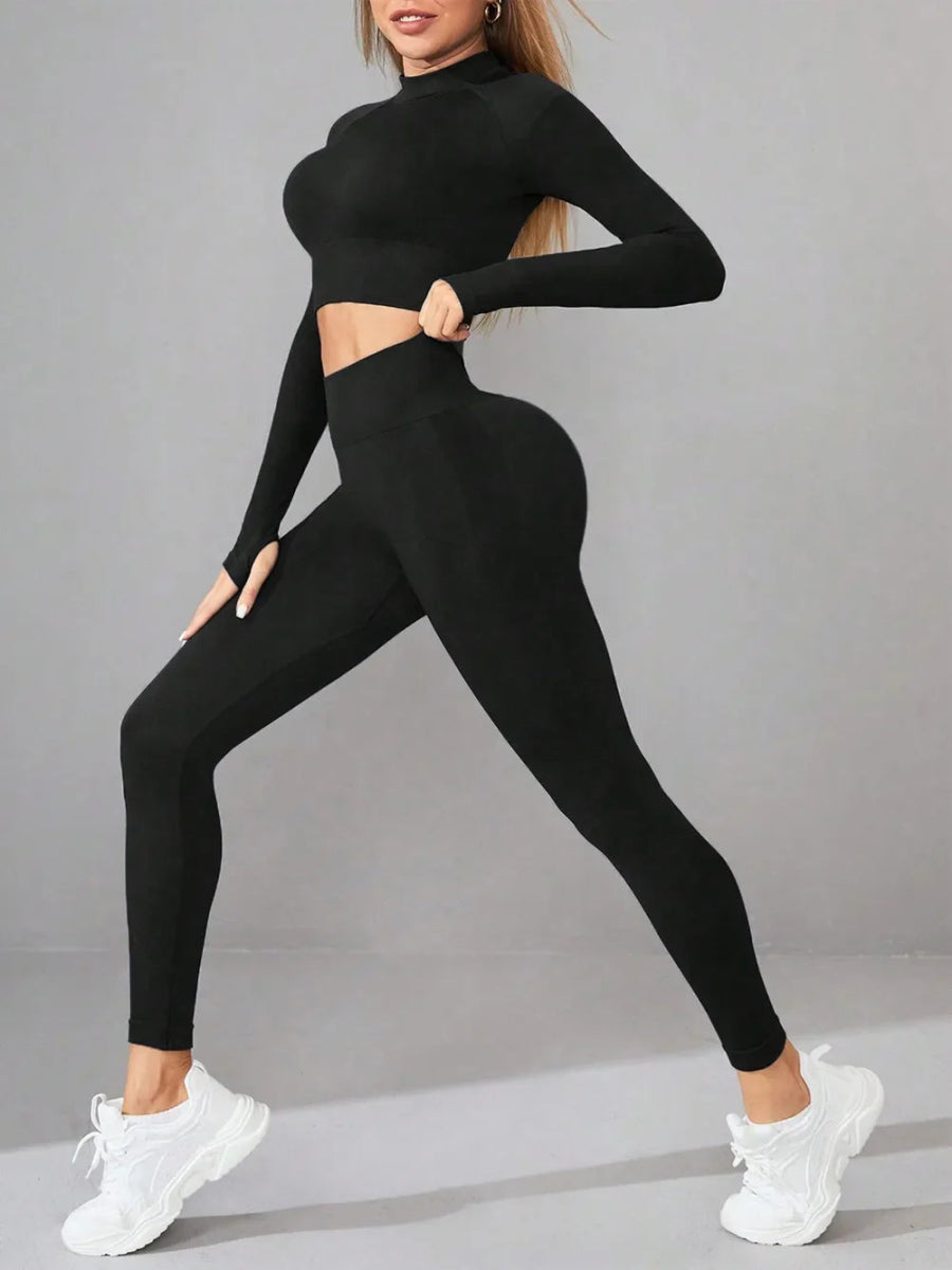 Mock Neck Active Set - Long Sleeve Top and Leggings for Yoga and Running, Highly Stretchy Design - Allen - Fitness