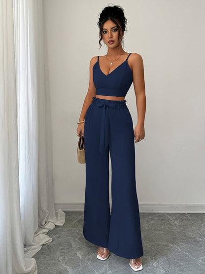 Navy Blue Suspender Vest Wide Leg Pants Two - Piece Set - Allen - Fitness
