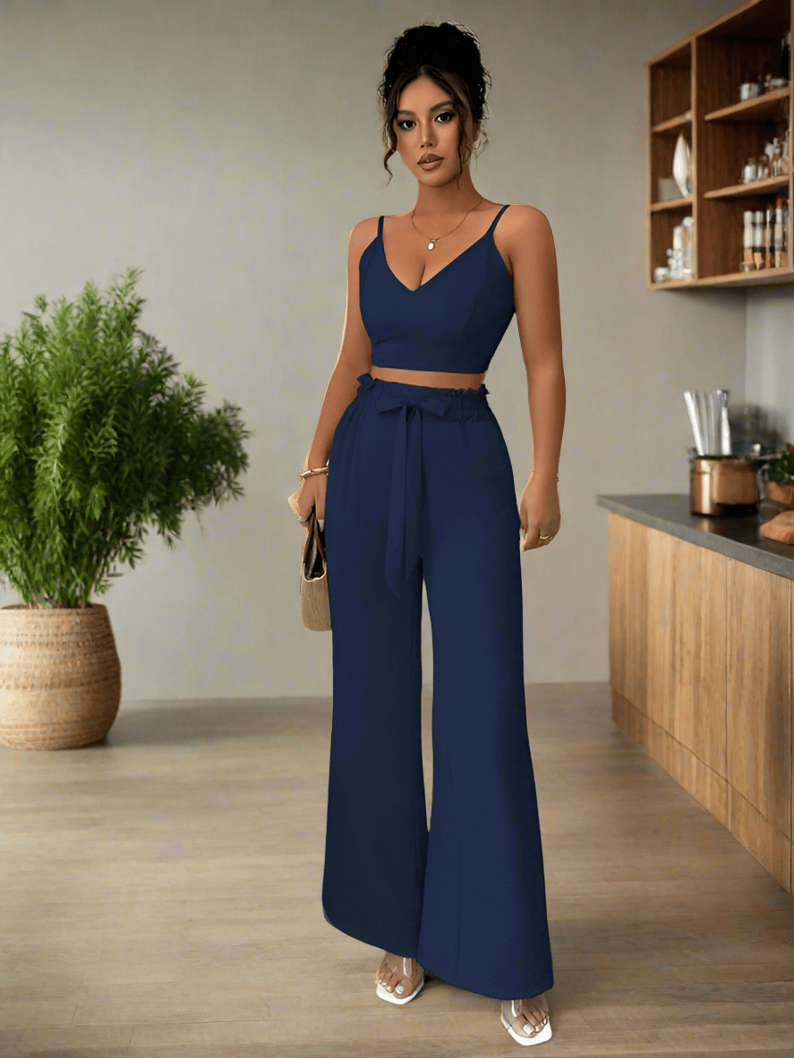 Navy Blue Suspender Vest Wide Leg Pants Two - Piece Set - Allen - Fitness