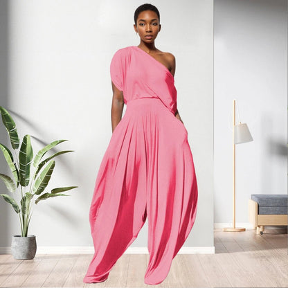 One Shoulder Top Solid Colour Women 2 Piece Pants Set - Allen - Fitness