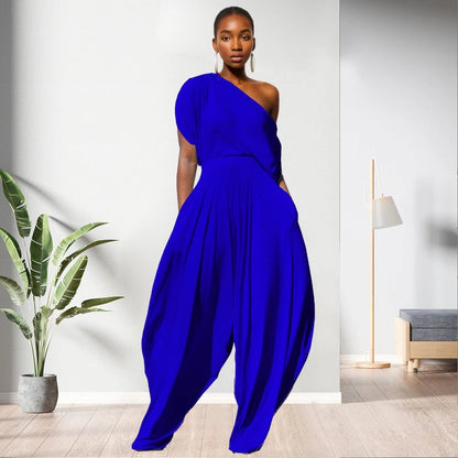 One Shoulder Top Solid Colour Women 2 Piece Pants Set - Allen - Fitness