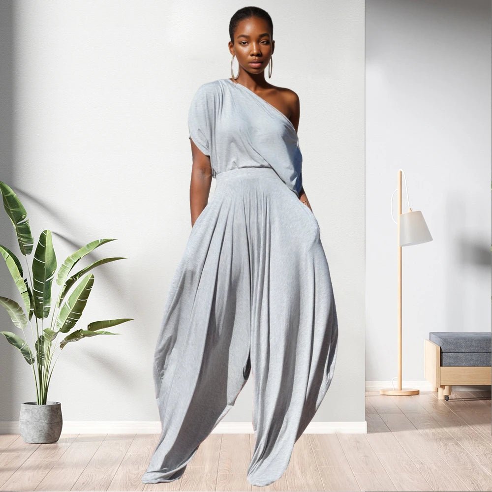 One Shoulder Top Solid Colour Women 2 Piece Pants Set - Allen - Fitness