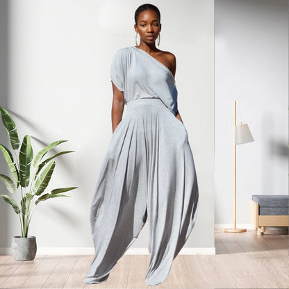 One Shoulder Top Solid Colour Women 2 Piece Pants Set - Allen - Fitness