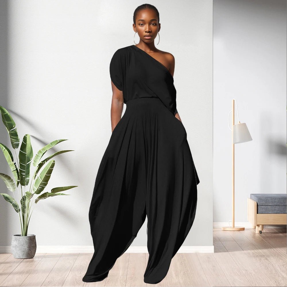 One Shoulder Top Solid Colour Women 2 Piece Pants Set - Allen - Fitness