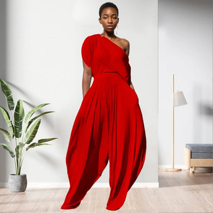 One Shoulder Top Solid Colour Women 2 Piece Pants Set - Allen - Fitness