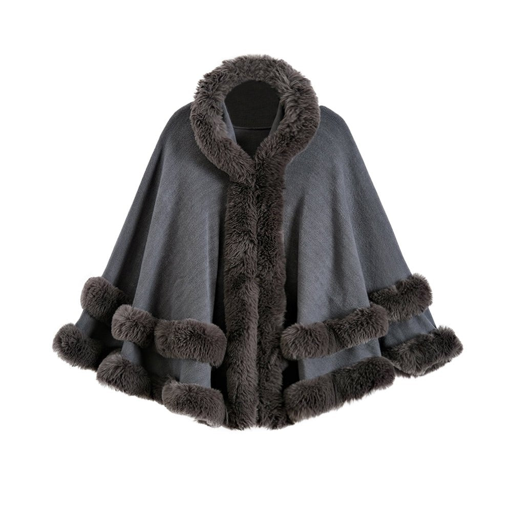 Oversized Knitted Cape Outer Shawl Artificial Fur Collar Hooded Warm Jacket - Allen - Fitness