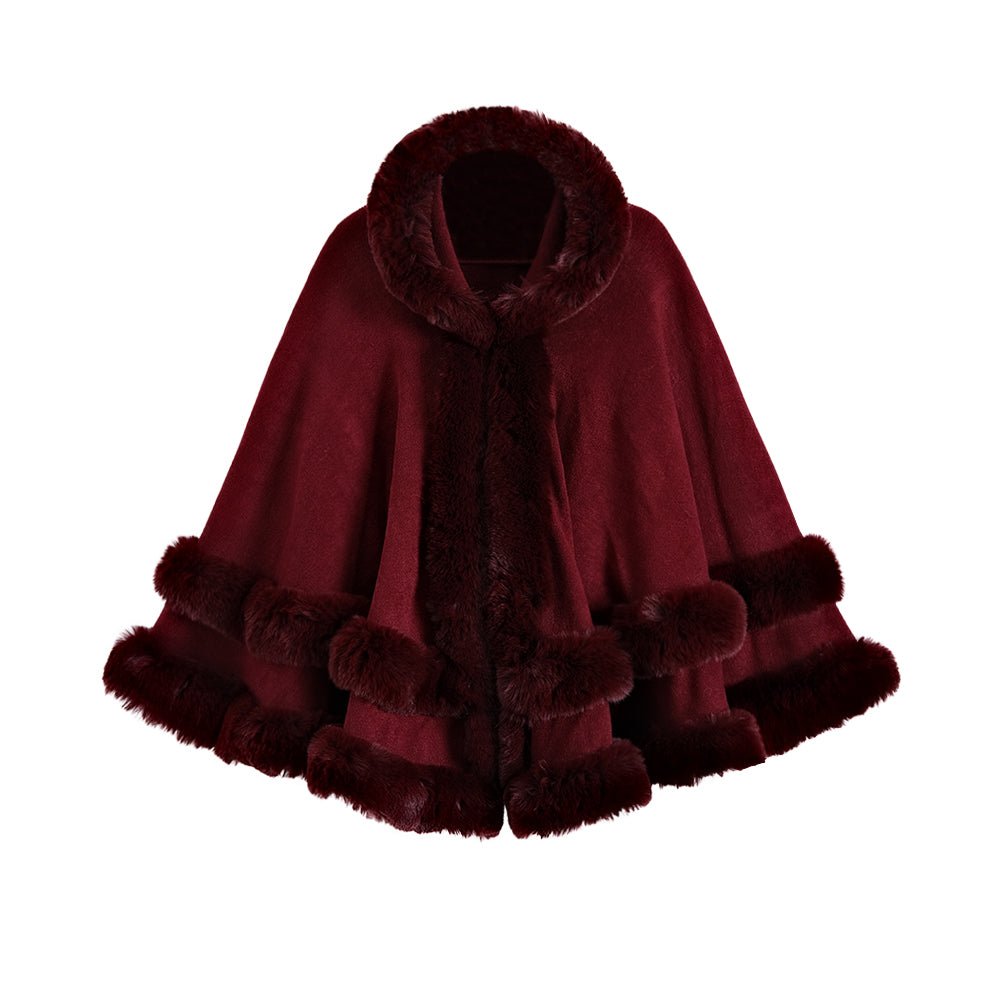 Oversized Knitted Cape Outer Shawl Artificial Fur Collar Hooded Warm Jacket - Allen - Fitness
